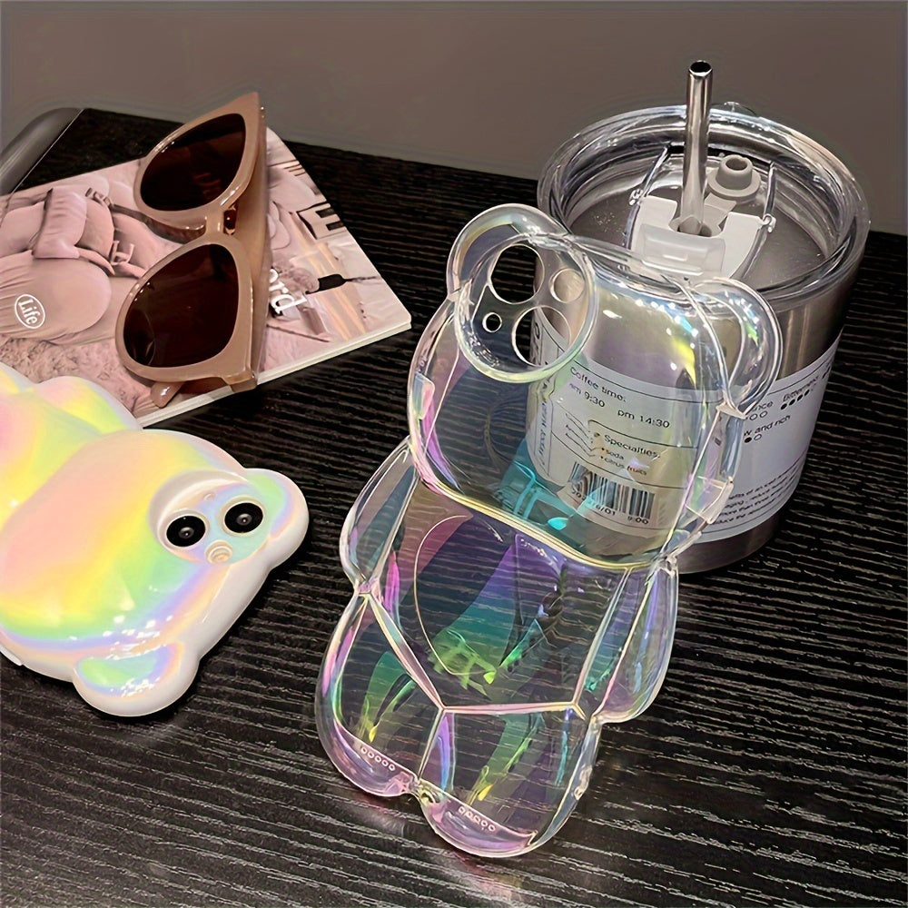 Cute Bear Aurora Laser Transparent Phone Case for iPhone 15 14 13 12 11 Pro Max Plus Luxury Cartoon Bear Clear Soft Shockproof Cover
